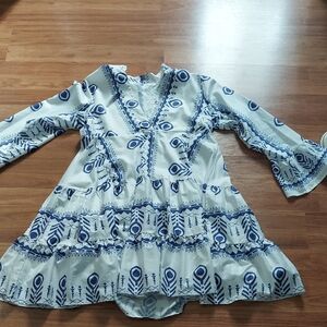 White Boho Tiered Tunic with Blue Folk Print